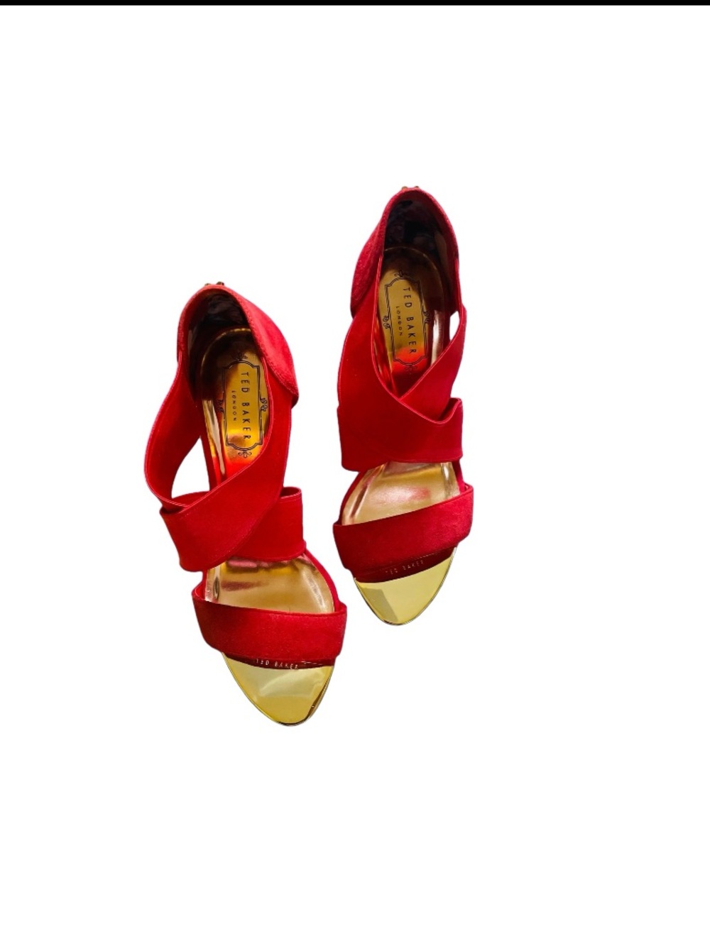 TED BAKER London Red Suede Gold Cap Toe Stiletto Heels -Cross Elastic Straps